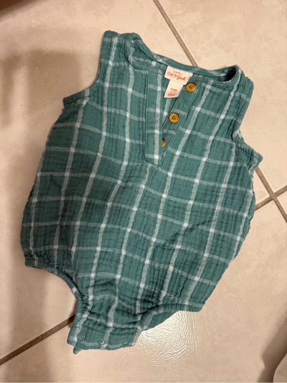 Cat & Jack Teal Green Plaid Baby Romper with Wooden Buttons